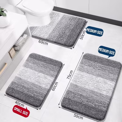 Bath Mat Set Microfiber Non Slip Fluffy Shaggy Grey Shades