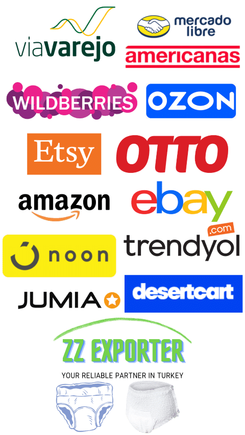 Adult Pull-ups Supplier for Online marketplaces sellers. Listed marketplaces: Via varejo, mercado libre, americanas, wildberries, ozon, etsy, otto, amazon, ebay, noon, trendyol, jumia, desertcart
