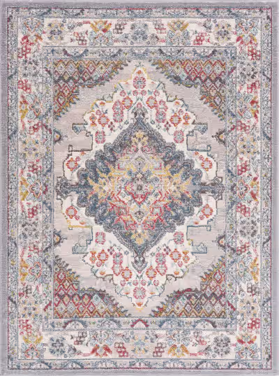 Washable printed rug pale colors stonewashed