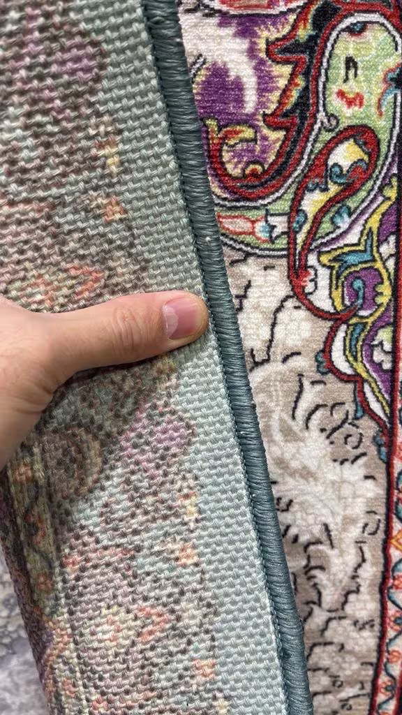 low pile printed rug back and front view